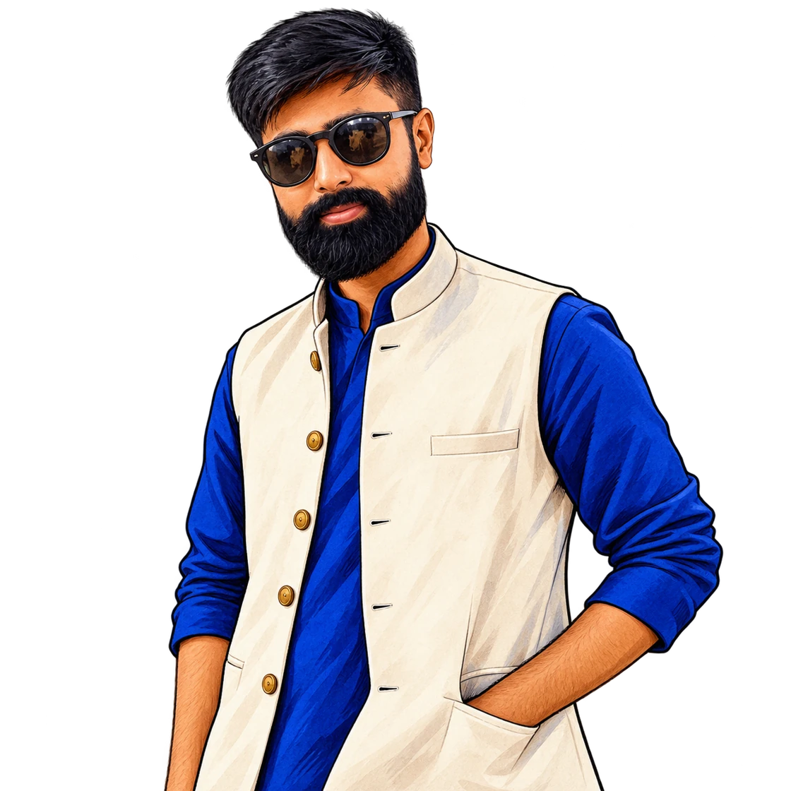 An illustrated Aditya, with sunglasses, a full beard, blue kurta and cream vest