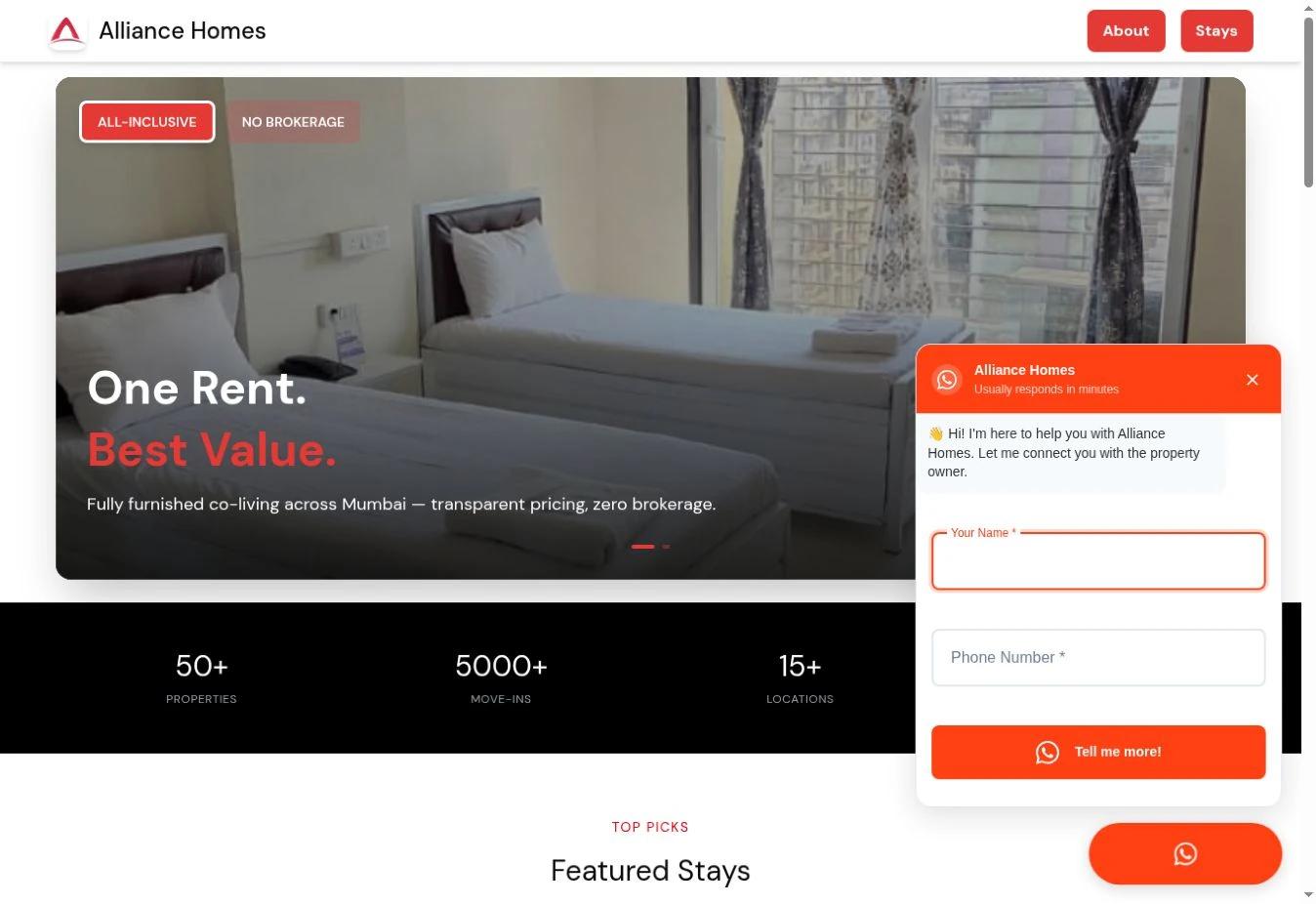 Screenshot of the actual Alliance Homes homepage