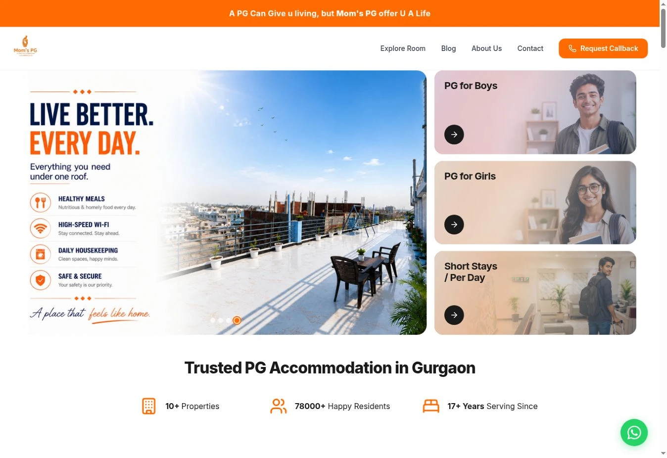 Screenshot of the actual Moms PG homepage