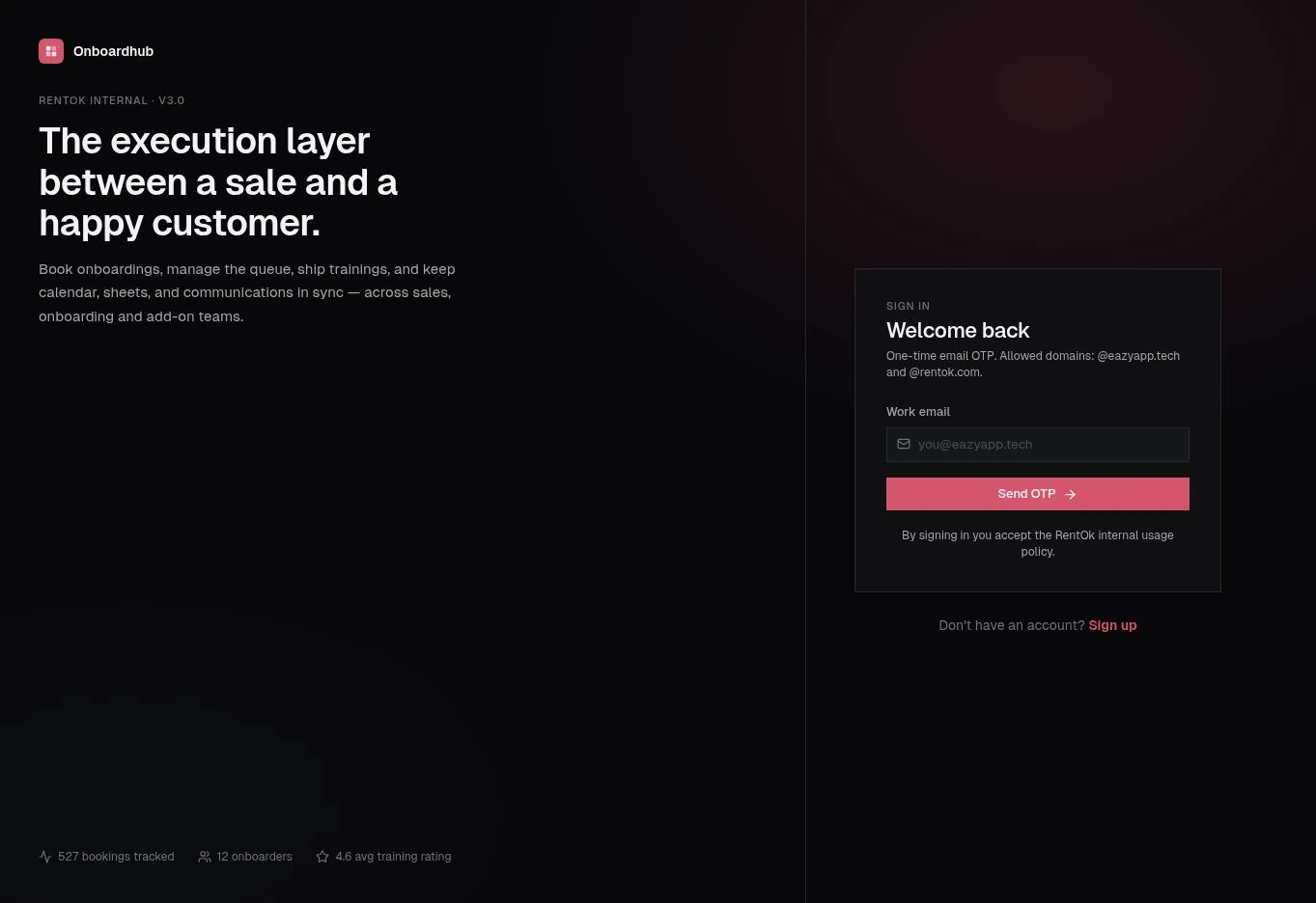 Actual Onboard Hub website showing its public sign-in screen